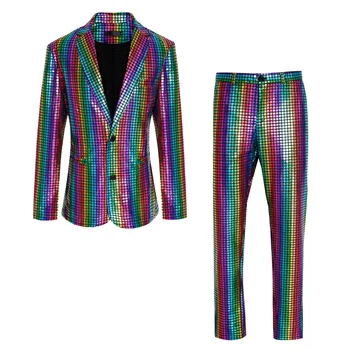 Mens 2 Gabals, kas Piestāv Spīdīga Krāsaini Vizuļi Uzvalku Jaka, Bikses Komplekti Vīriešiem 70 Disco Party Naktsklubā Skatuves Dziedātāja Balli Clohting