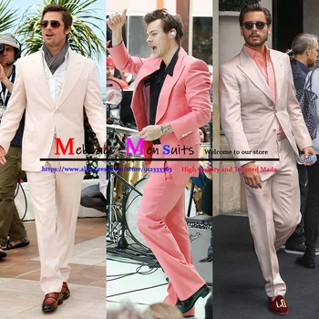 Modes Rozā Formālas Biznesa Žakete Klasiskās Vīriešu Ikdienas Uzvalki Vintage Kāzu Līgavainis Uzvalku 2 Gabals Komplekti Kostīms (Jaka+Bikses)